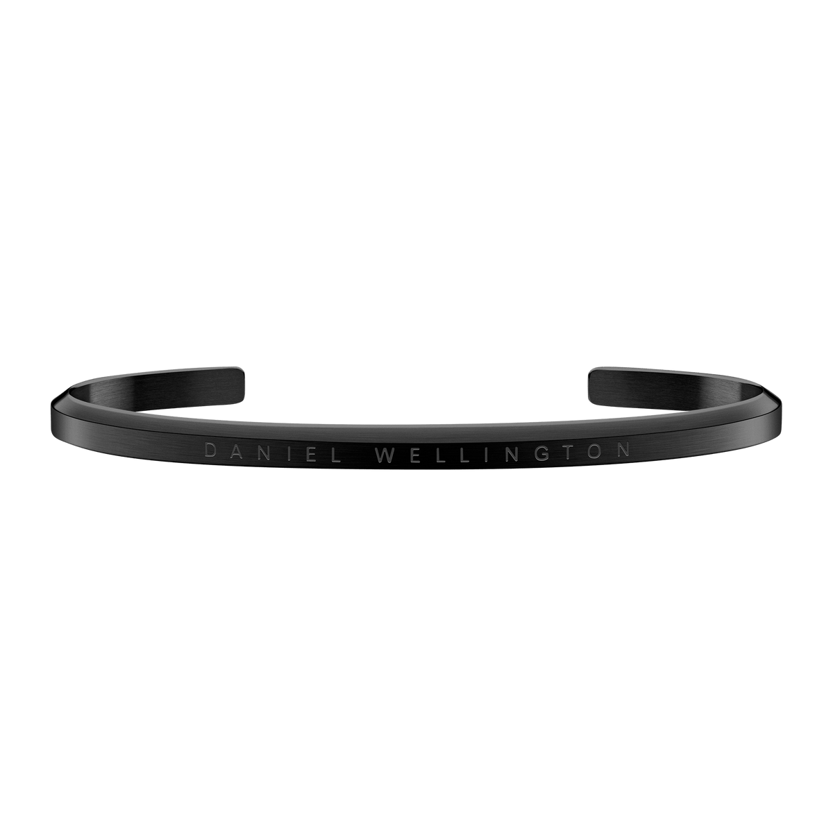 Classic Bracelet in matte black stainless steel with engraved Daniel Wellington branding, featuring a slim open cuff design suitable for men and women.