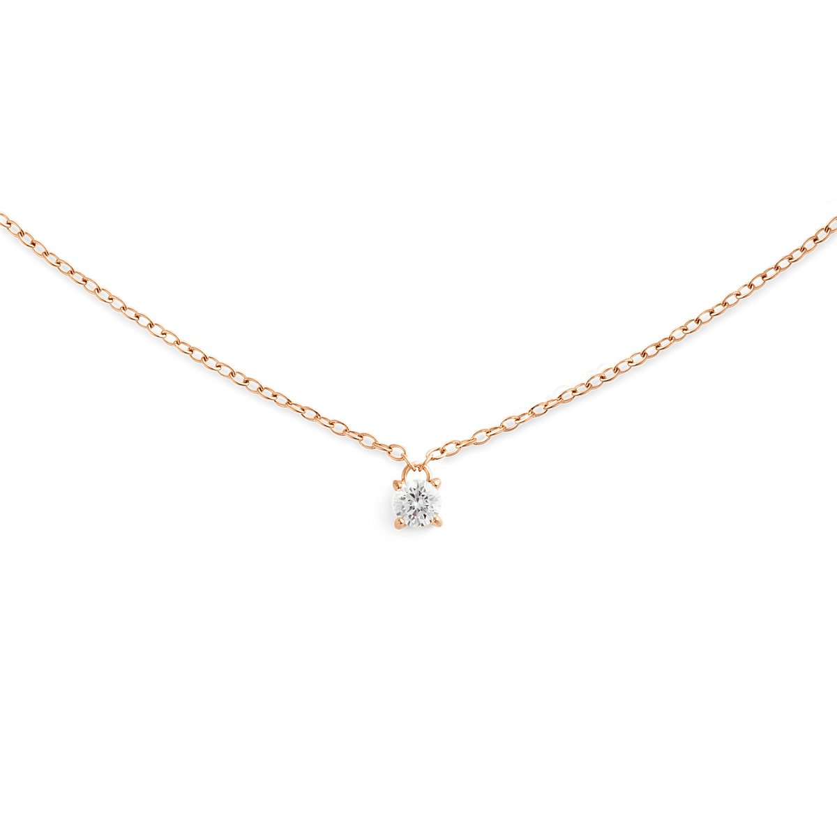 A delicate rose gold necklace featuring a fine chain and a single petite white cubic zirconia solitaire pendant, designed for a minimalist and elegant look.