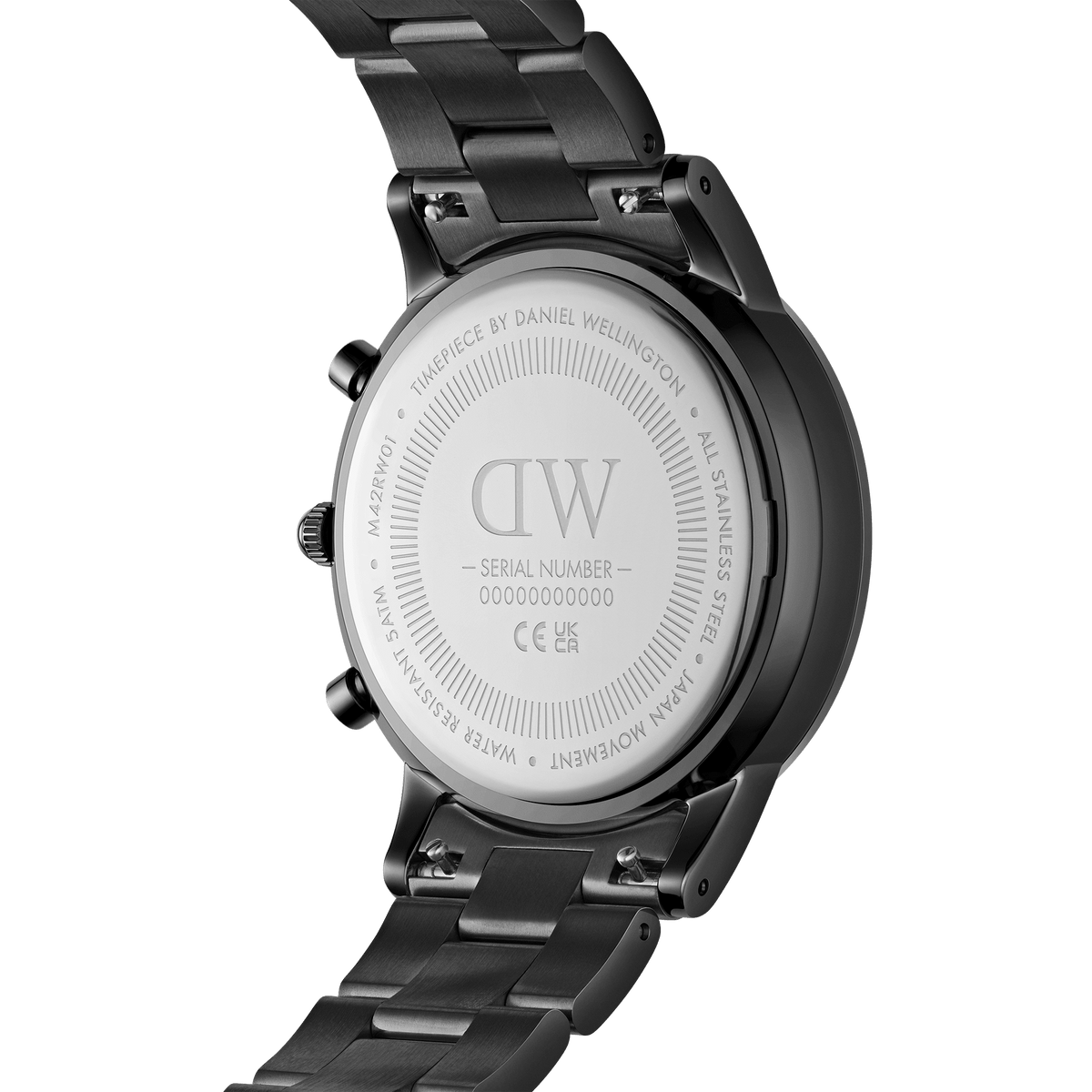Back view of the Iconic Chronograph Link Onyx B men's watch showing the engraved stainless steel case, serial number, and robust black link bracelet.