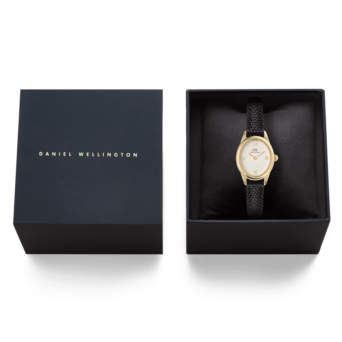 Daniel Wellington Ophelia Mini Black Lizard White Guilloché Gold watch presented in a black gift box, featuring a gold oval case, white guilloché dial, and black lizard grain leather strap, ideal for gifting or special occasions.