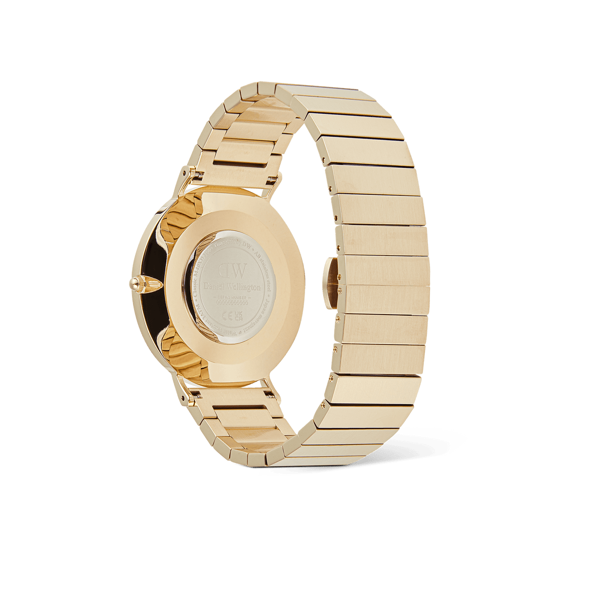 Rear view of the Classic Piano Link Gold Unitone watch showing the brushed gold stainless steel piano link bracelet, butterfly clasp, and engraved case back.