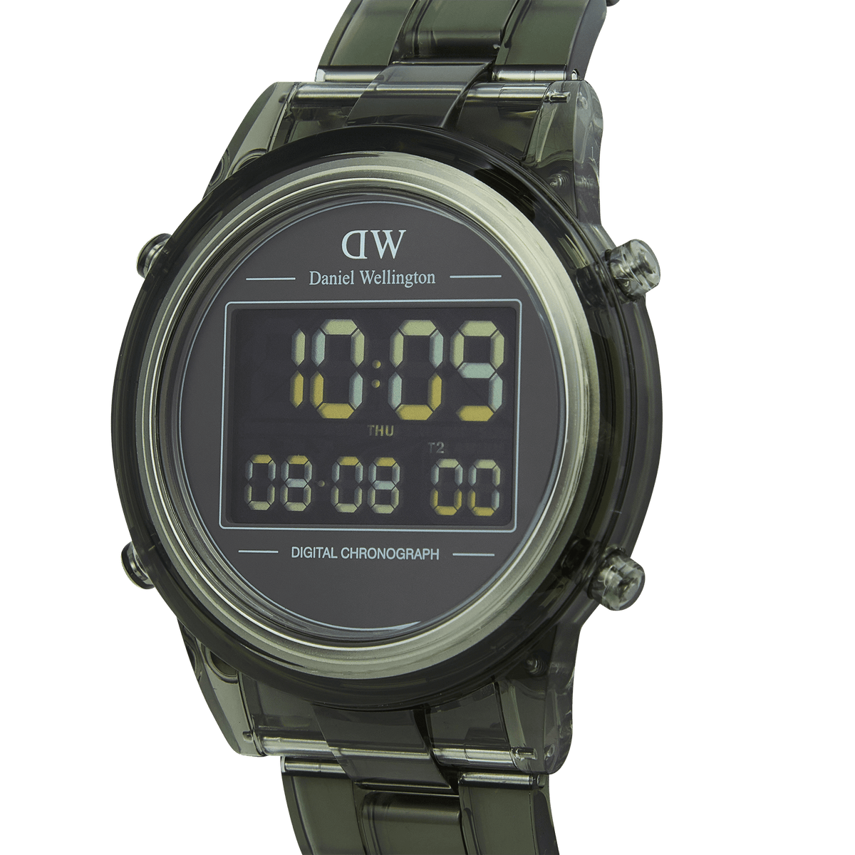 Retro Digital Dark Green watch with a transparent dark green bio-based plastic strap, round black digital dial, and LED display showing time, date, and chronograph features.