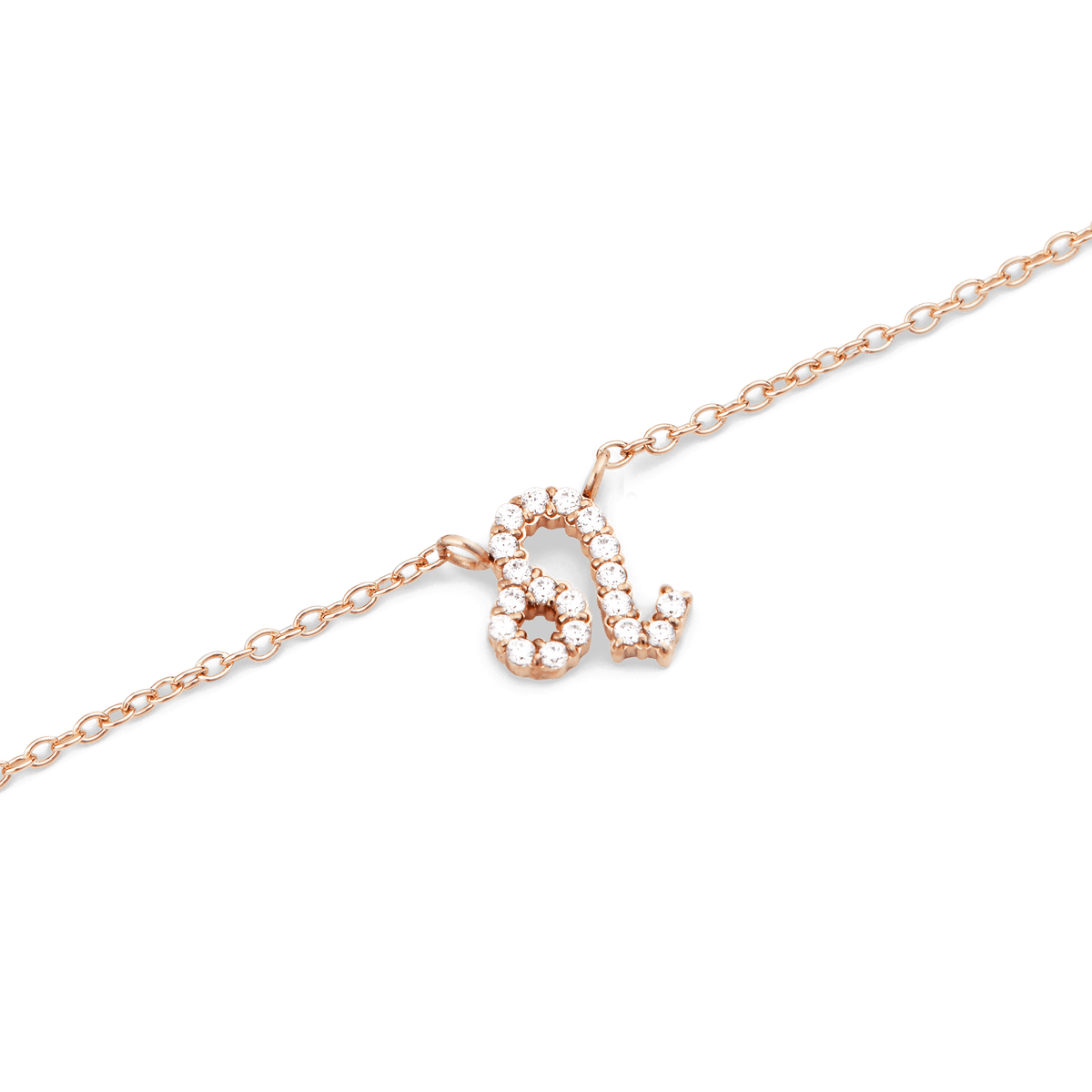 Close-up of the Crystal Zodiac Chain Necklace Rose Gold featuring a Leo zodiac pendant adorned with sparkling crystals on a fine rose gold chain.