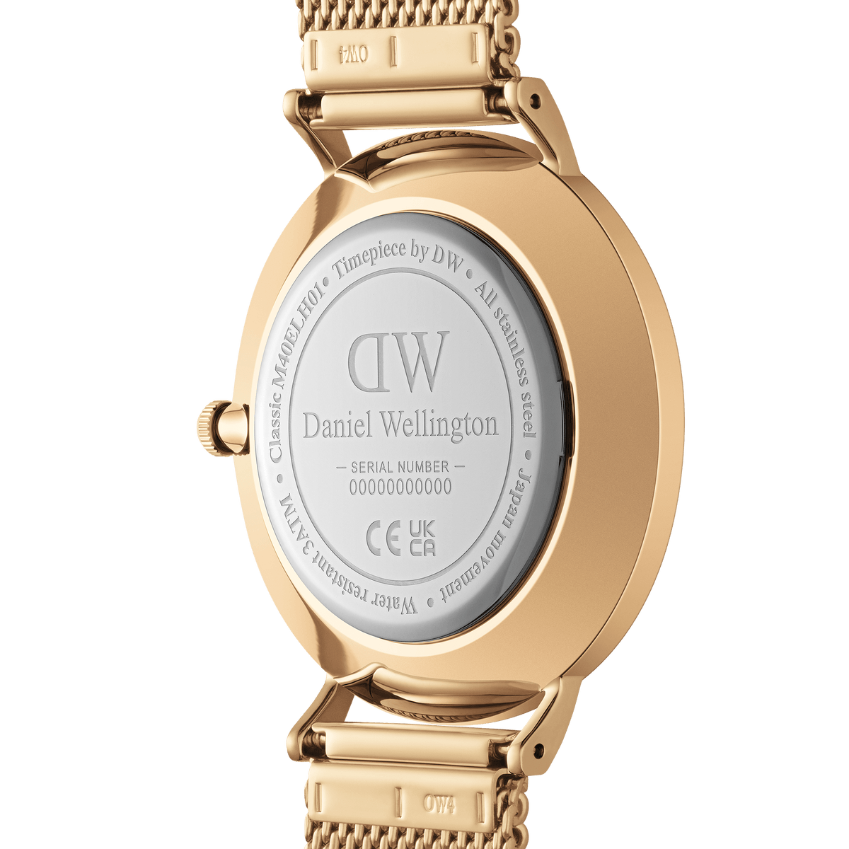 Back view of the Classic Multi-Eye Evergold Onyx men's watch, showing the stainless steel case, engraved branding, and gold mesh strap with a secure clasp.