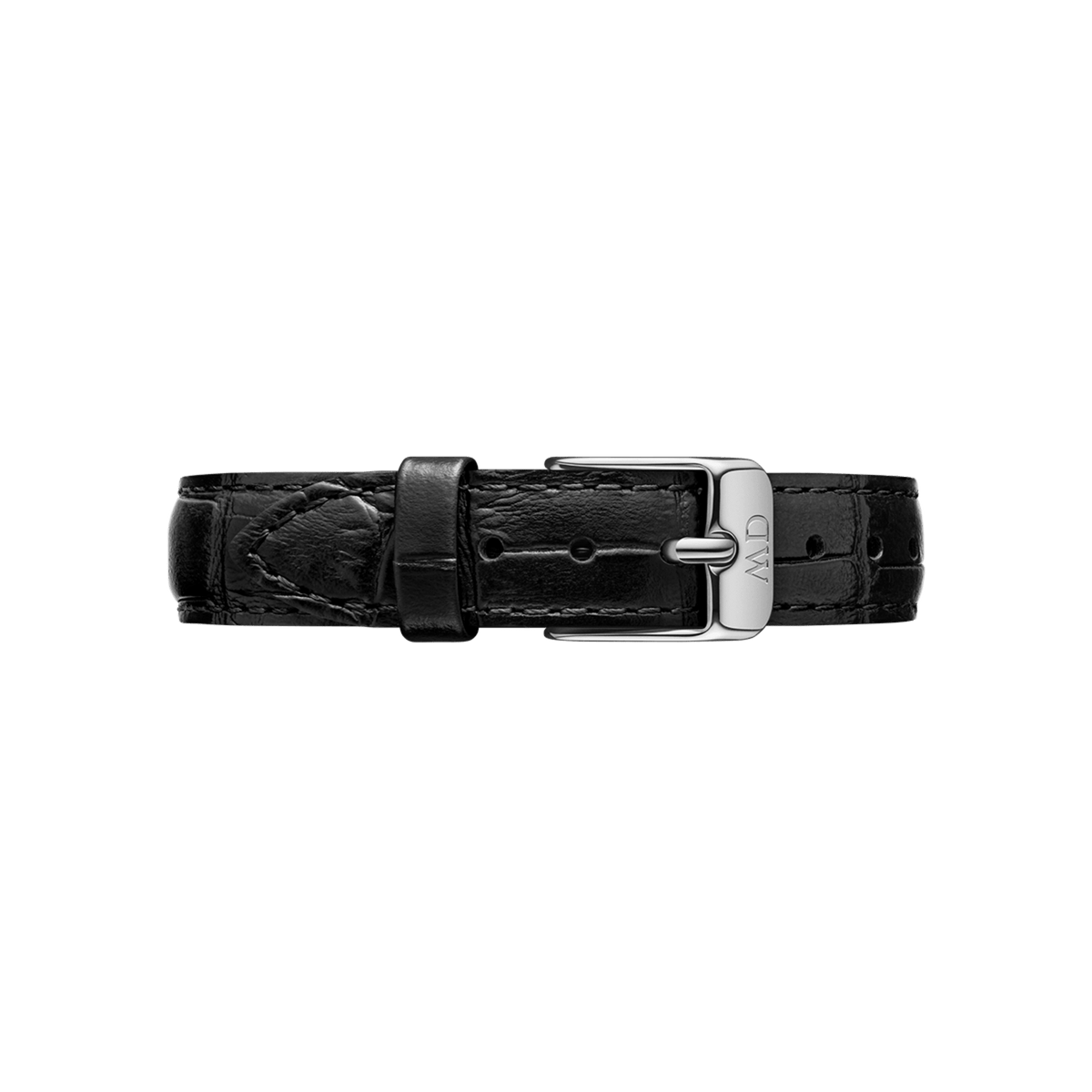 Slim black croc-embossed leather watch strap with a polished silver buckle, designed for Daniel Wellington watches and suitable for both men’s and ladies’ timepieces.