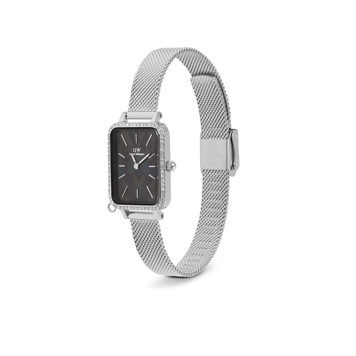 Daniel Wellington Quadro Crystal Zodiac Sterling Set featuring a rectangular silver case with crystal detailing, a black mother of pearl dial, and an adjustable silver mesh strap.