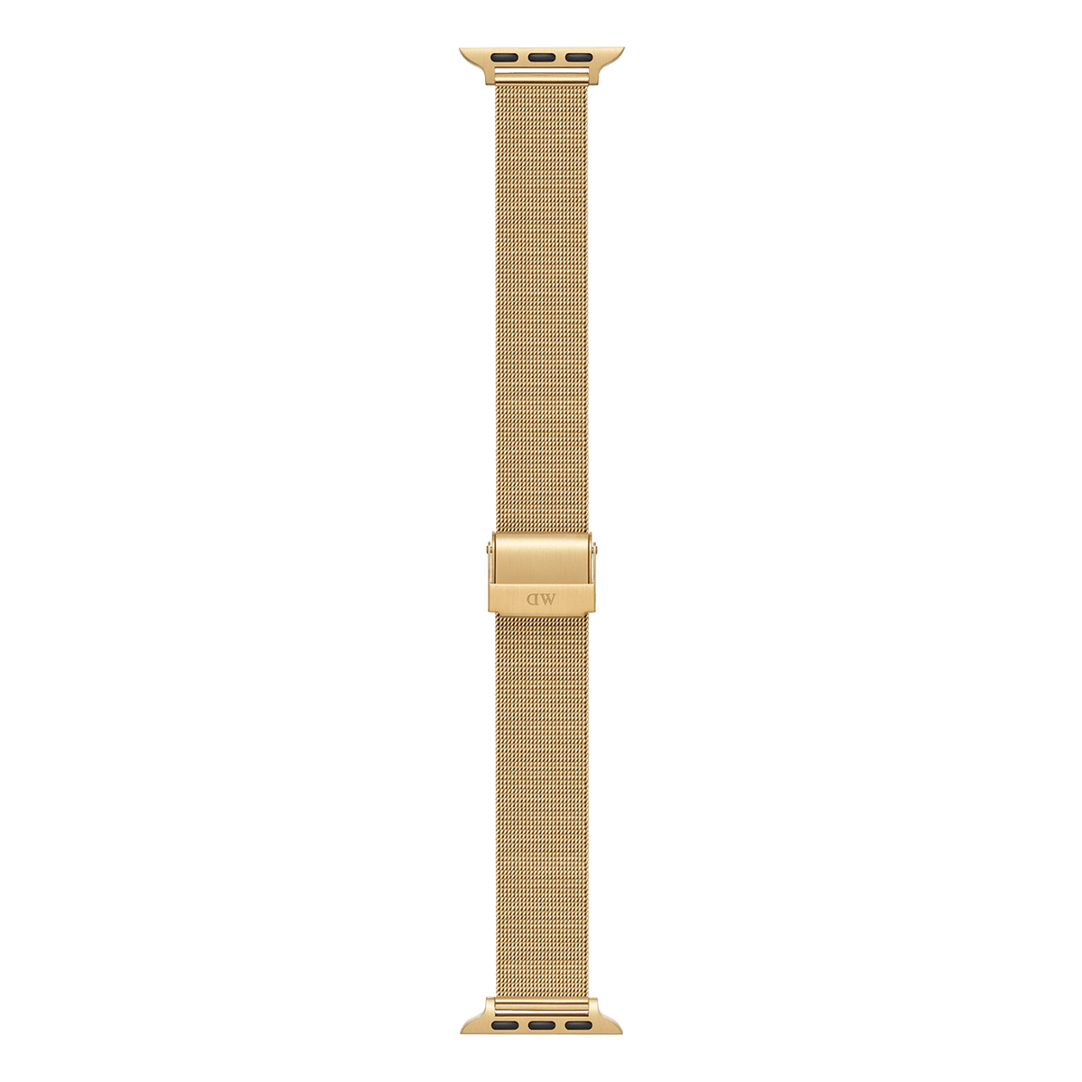 Gold mesh stainless steel Apple Watch strap with an 18mm slim profile, featuring adjustable clasp and connectors for easy installation and a comfortable fit.