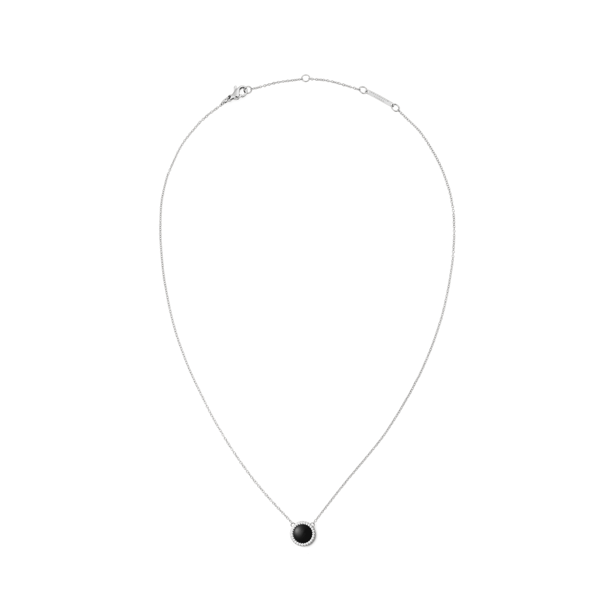 Silver necklace with a domed black agate pendant surrounded by white cubic zirconia crystals, featuring a fine adjustable chain and a secure lobster clasp.