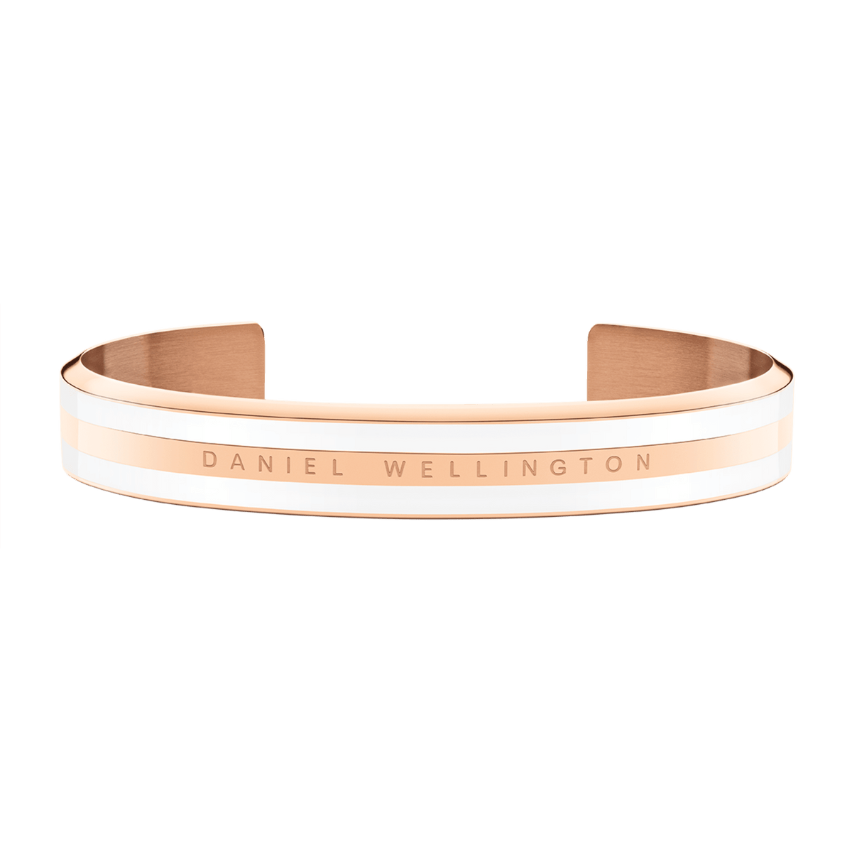 Rose gold and satin white enamel cuff bracelet with Daniel Wellington branding, featuring a slim, modern silhouette ideal for layering or wearing solo.
