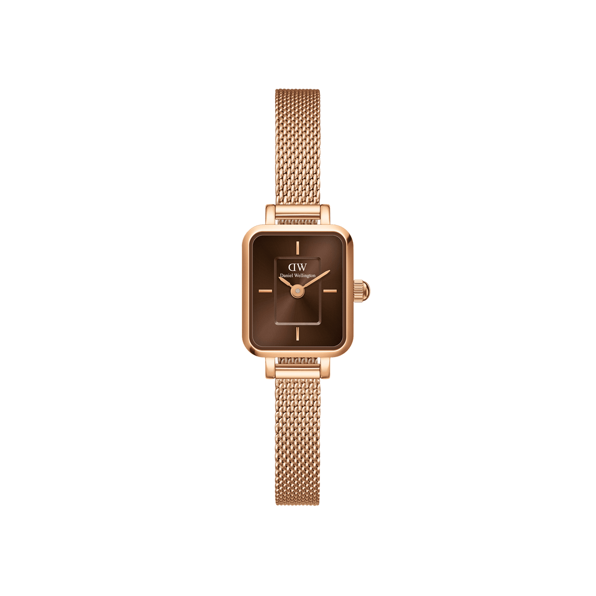 Quadro Mini Melrose Amber features a rectangular rose gold case with a warm amber sunray dial and a matching rose gold mesh strap, offering a refined and minimalist look ideal for petite wrists.