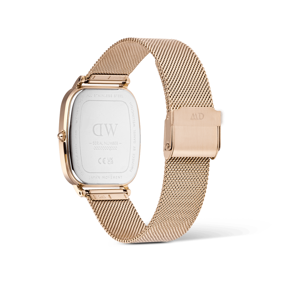 Rear view of the Marlon Melrose Linen men’s watch showing the stainless steel case back, rose gold mesh strap, and adjustable clasp buckle.