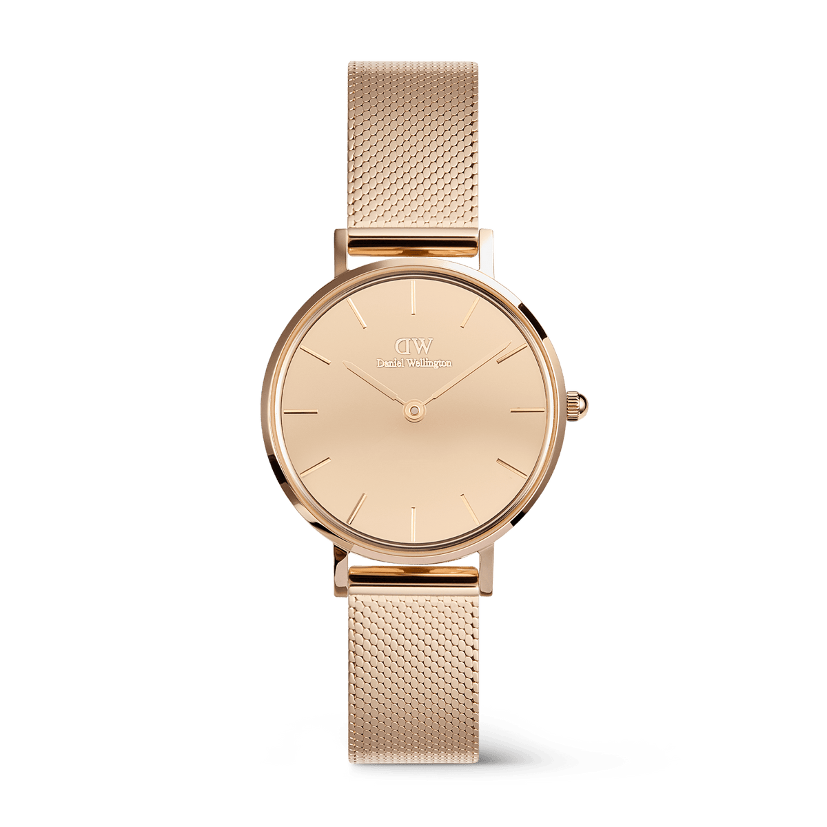 Petite Reflection Rose Gold watch with a 28mm mirror-effect rose gold dial and a polished rose gold mesh strap, featuring minimalist hour markers and a slim, elegant design ideal for petite wrists.