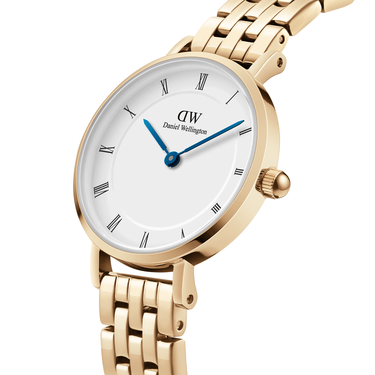 Close-up of the Petite Roman Numerals 5-Link Gold watch showing its polished gold bracelet, minimalist white dial with Roman numerals, and striking blue steel hands.