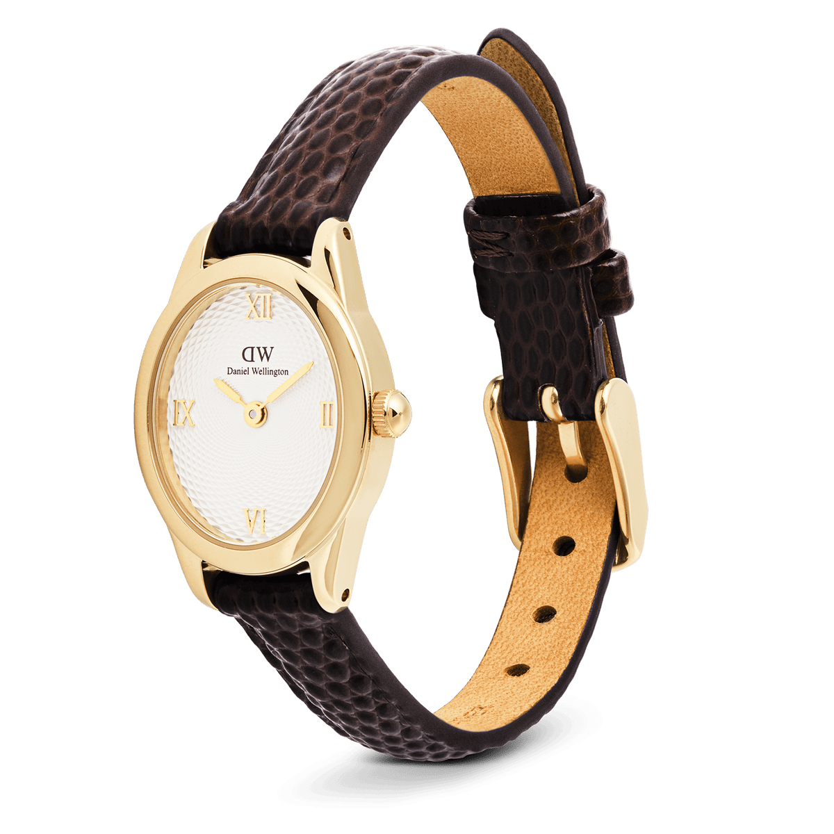 Ophelia Mini Dark Brown Lizard White Guilloché Gold watch with an open adjustable strap, showcasing the gold oval case, white guilloché dial, gold Roman numerals, and dark brown lizard-embossed leather band.