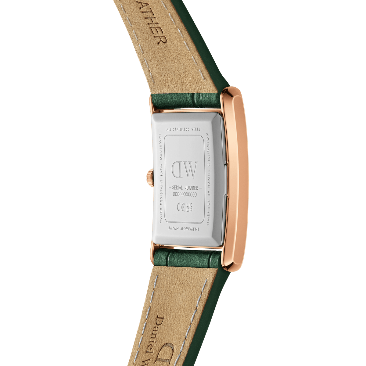 Back view of the Bound Crocodile Emerald Sunray Rose Gold watch showing the stainless steel case, rose gold sides, and genuine emerald green leather strap with crocodile embossing.