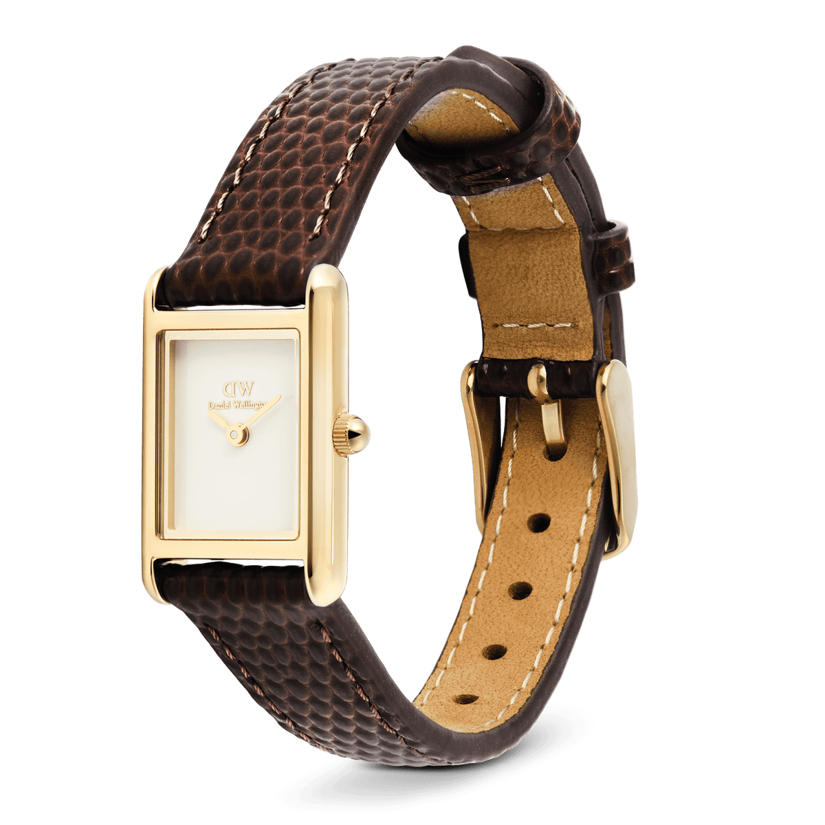 Bound Mini Dark Brown Lizard Gold watch featuring a rectangular gold case, minimalist white dial, and a textured brown lizard grain leather strap with a gold pin buckle.
