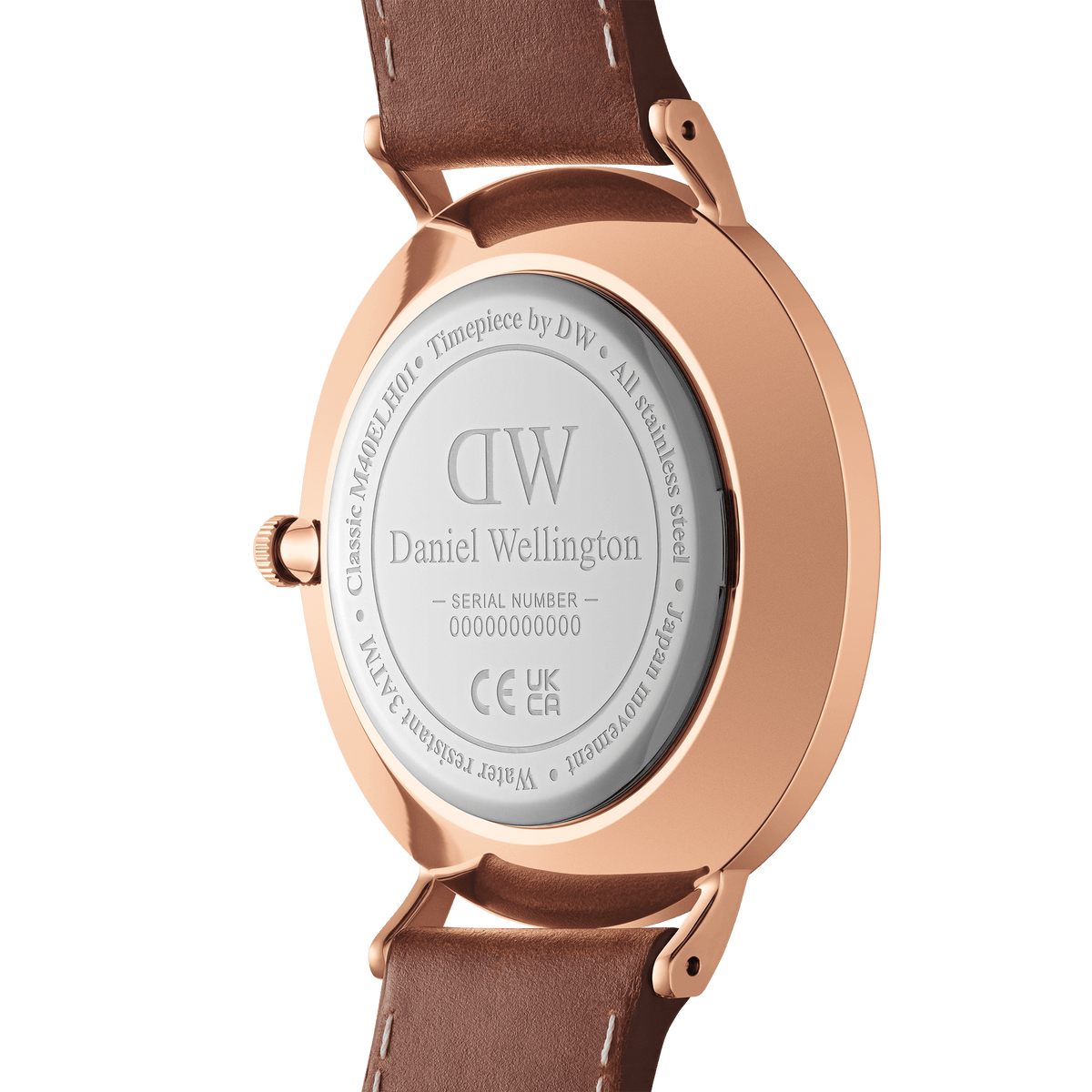 Back view of the Classic Multi-Eye St Mawes Amber Rose Gold men's watch, showing the stainless steel case with engraved details and a genuine brown leather strap, highlighting its durable construction and premium finish.