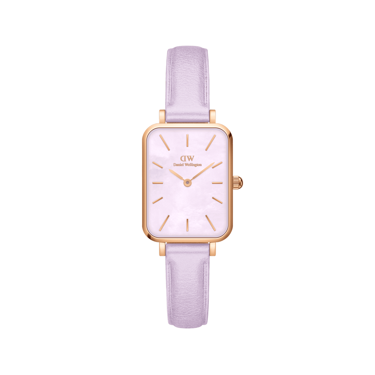 Quadro Lavender MOP Rose Gold ladies watch featuring a rectangular rose gold case, soft lavender mother of pearl dial, and pastel purple leather strap, designed for everyday elegance and comfort.