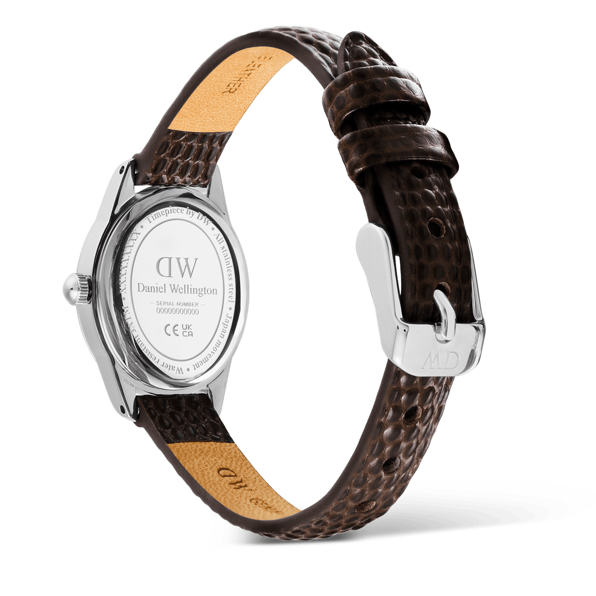 Rear view of the Ophelia Mini Dark Brown Lizard White Guilloché Silver watch, showing the engraved stainless steel case back, textured brown lizard-embossed leather strap, and polished silver pin buckle.