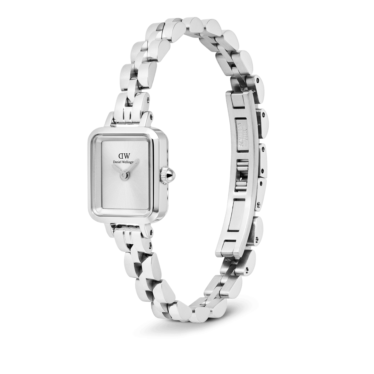 Quadro Mini Arch 3-link White Sunray Silver ladies watch with a rectangular stainless steel case, minimalist white sunray dial, and polished adjustable 3-link bracelet featuring a button-less butterfly clasp.