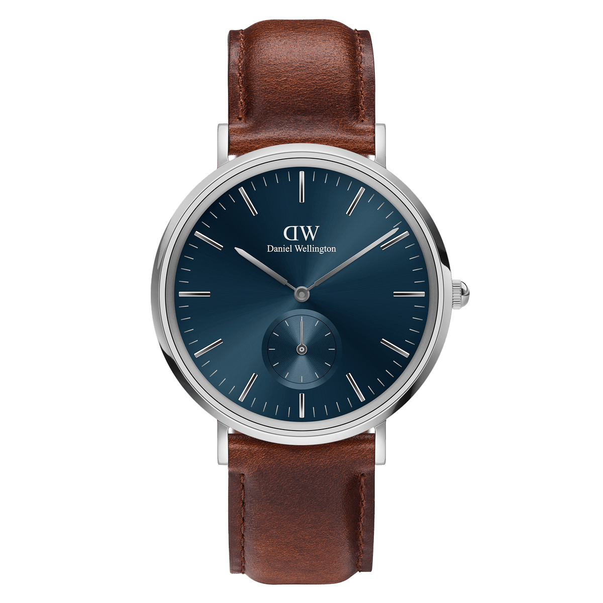 Classic Multi-Eye St Mawes Arctic Silver men's watch with a deep blue dial, silver round case, minimalist markers, and a brown genuine leather strap, featuring a multi-eye chronograph design.