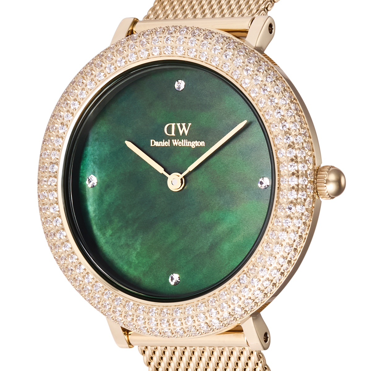 Close-up of the Crystalline Bezel Evergold Green gold ladies watch, highlighting the emerald green mother of pearl dial, crystal-set bezel, and gold mesh strap for an elegant, refined finish.