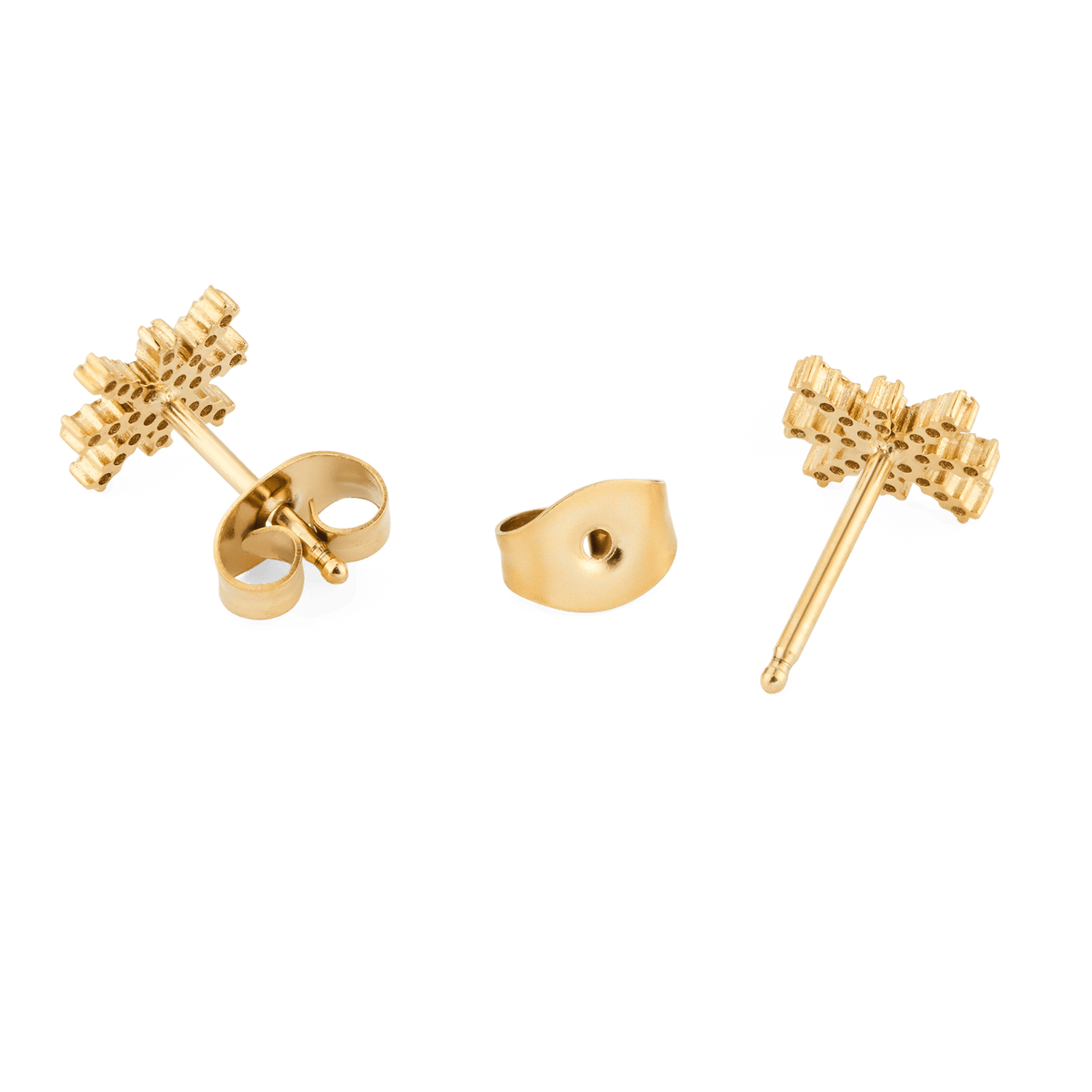 Back view of Mirelle Star Earring Gold stud earrings showing the detailed gold starburst design, sturdy posts, and separate butterfly backs.