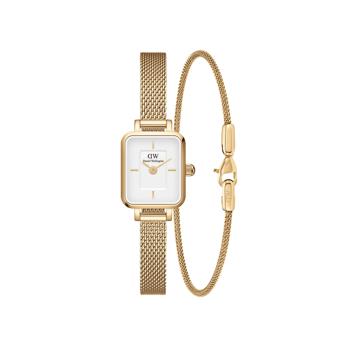 Quadro Mini Evergold & Bracelet 1.8 set featuring a petite rectangular gold mesh strap watch with a minimalist white dial, paired with a matching slim gold mesh bracelet with an adjustable clasp.