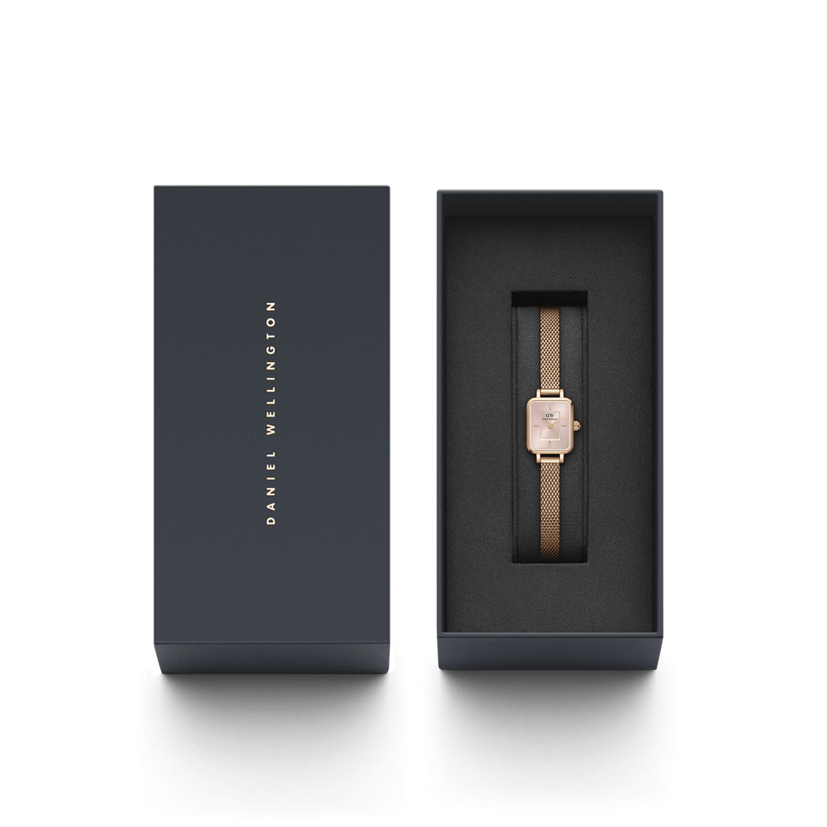 Quadro Mini Melrose Blush watch with a rose gold mesh strap and blush pink dial, elegantly presented in a branded gift box, ideal for gifting or adding to your collection.