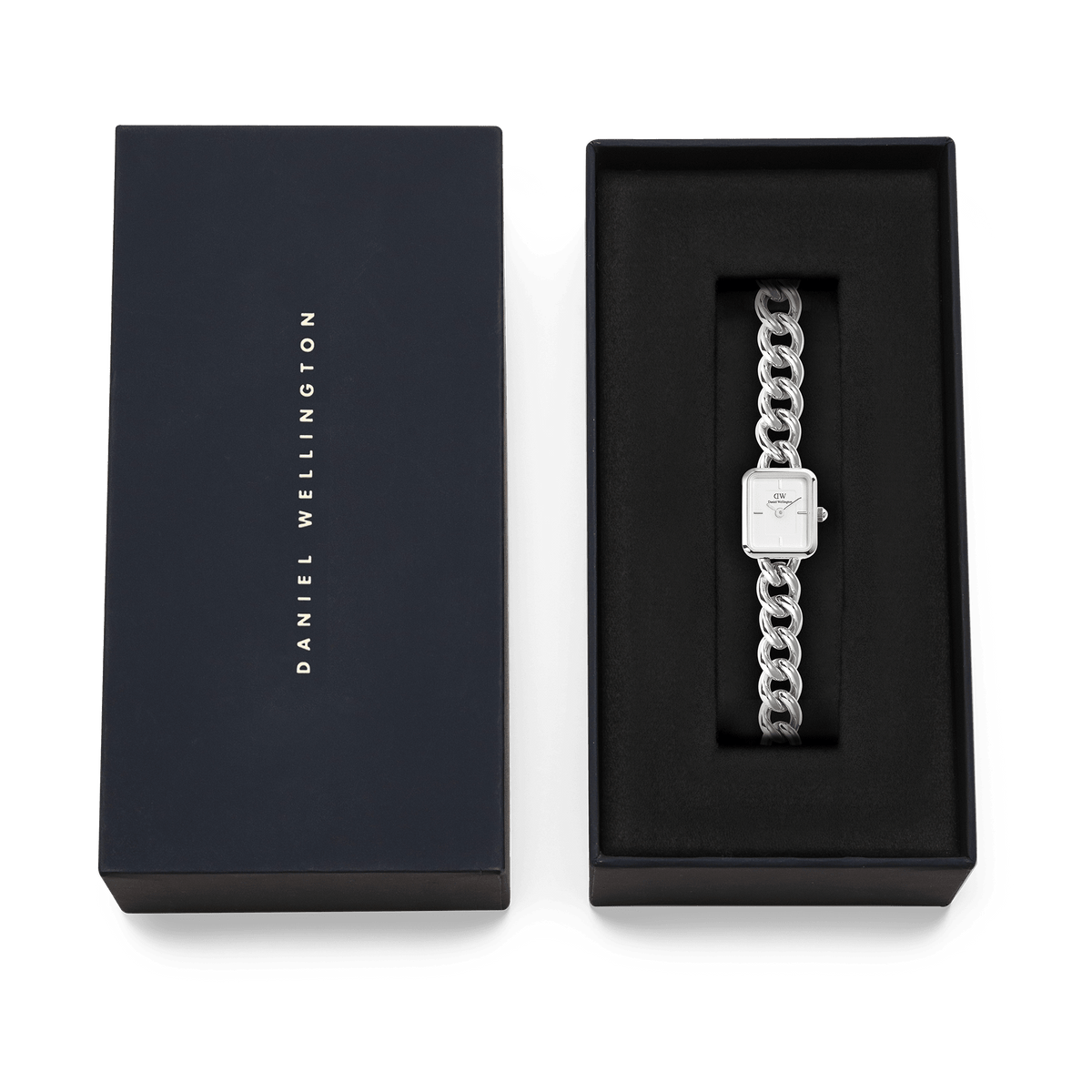 Jolie Chain Silver ladies watch with a chunky silver chain bracelet and square white dial, presented in a sleek Daniel Wellington gift box.