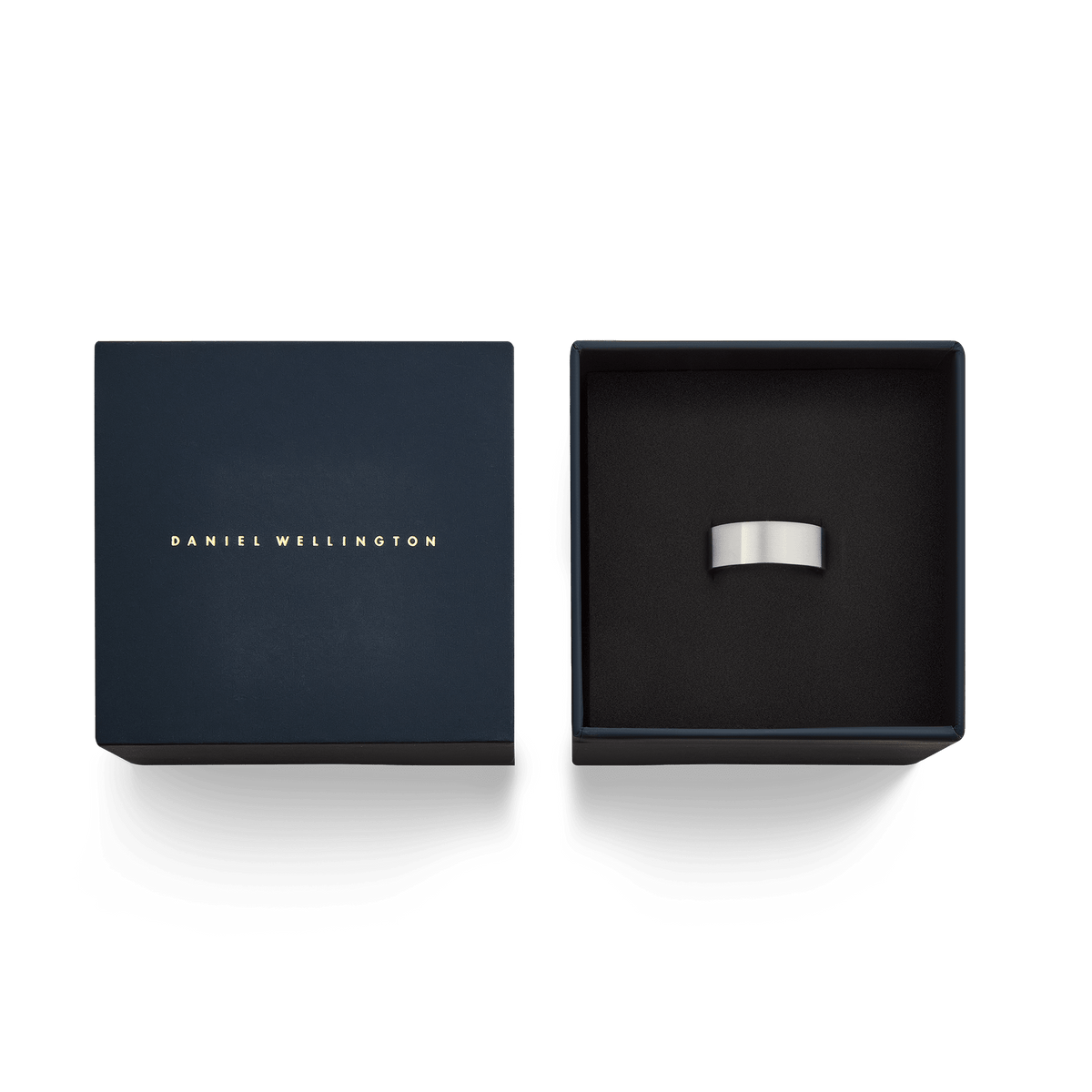 Line Ring Brushed Silver 8mm presented in a sleek Daniel Wellington gift box, highlighting its wide brushed silver band and minimalist design, ideal for gifting or adding to your jewellery collection.