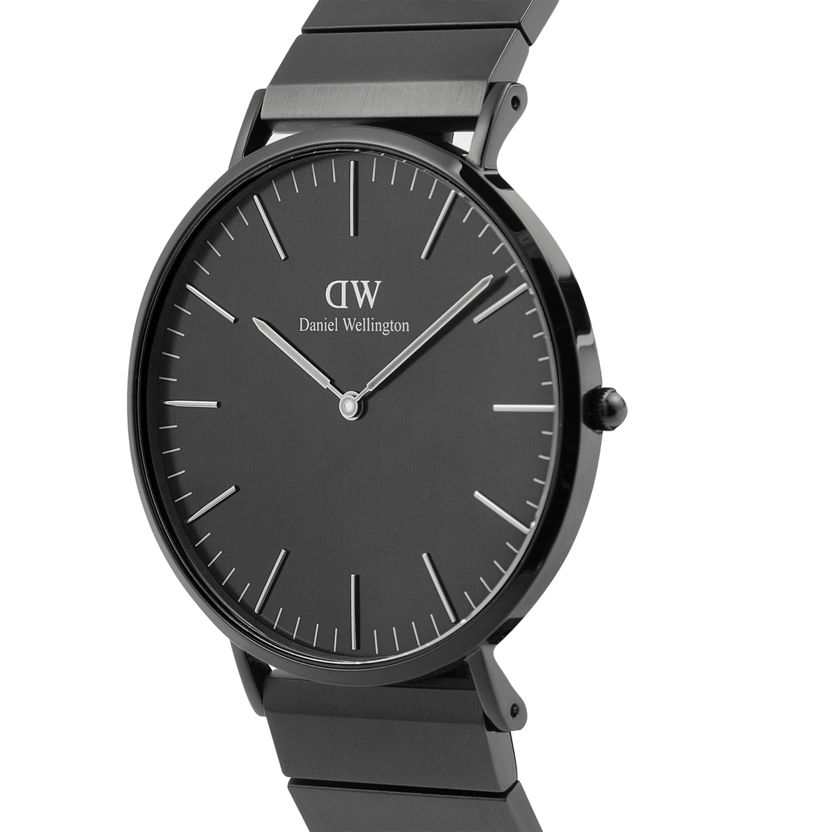 Classic Piano Link Onyx Unitone Black watch by Daniel Wellington shown in close-up, highlighting its brushed black dial, minimalist hour markers, and geometric stainless steel piano link bracelet.