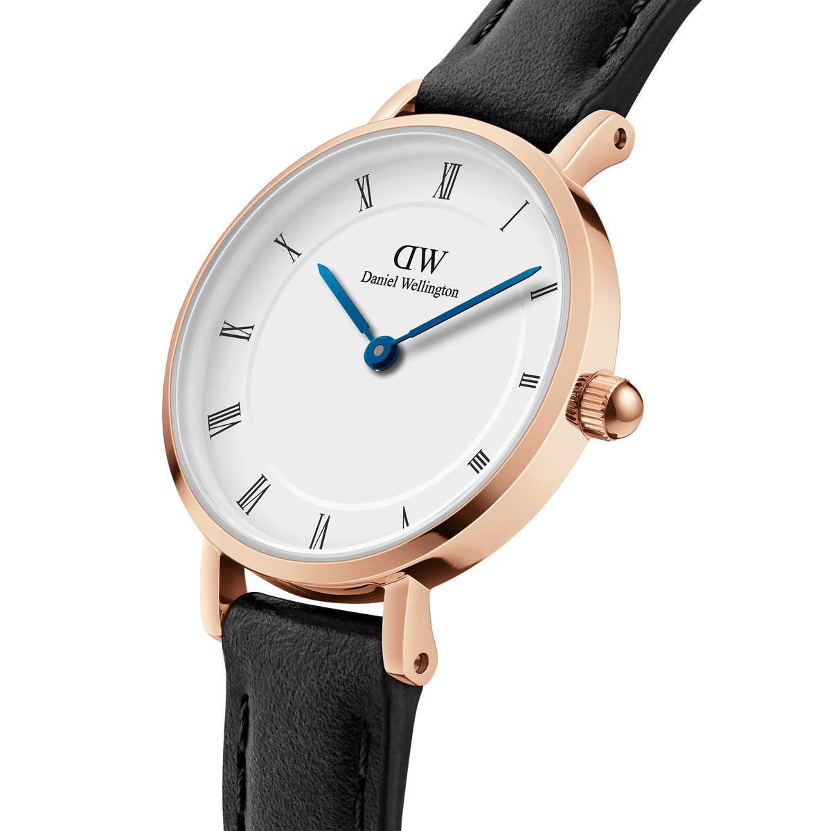 Close-up of the Petite Roman Numerals Sheffield Rose Gold ladies watch, highlighting its rose gold case, white dial with Roman numerals, blue steel hands, and black genuine leather strap.