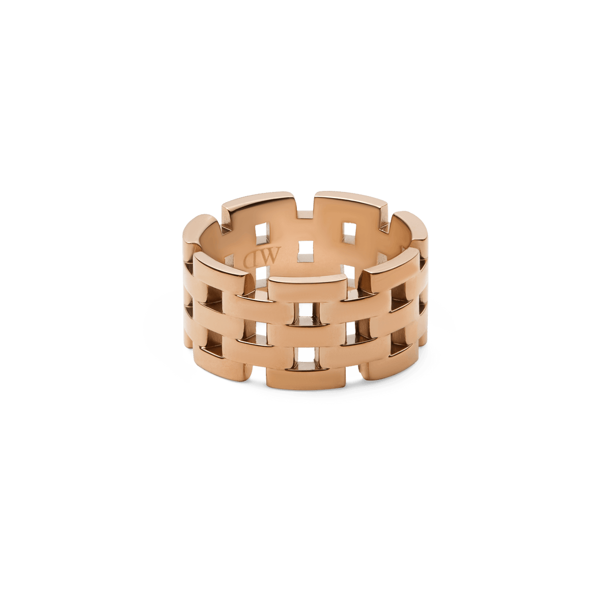Wide rose gold ring with a bold geometric link design and polished finish, crafted from stainless steel and featuring subtle gaps for a distinctive, modern look.