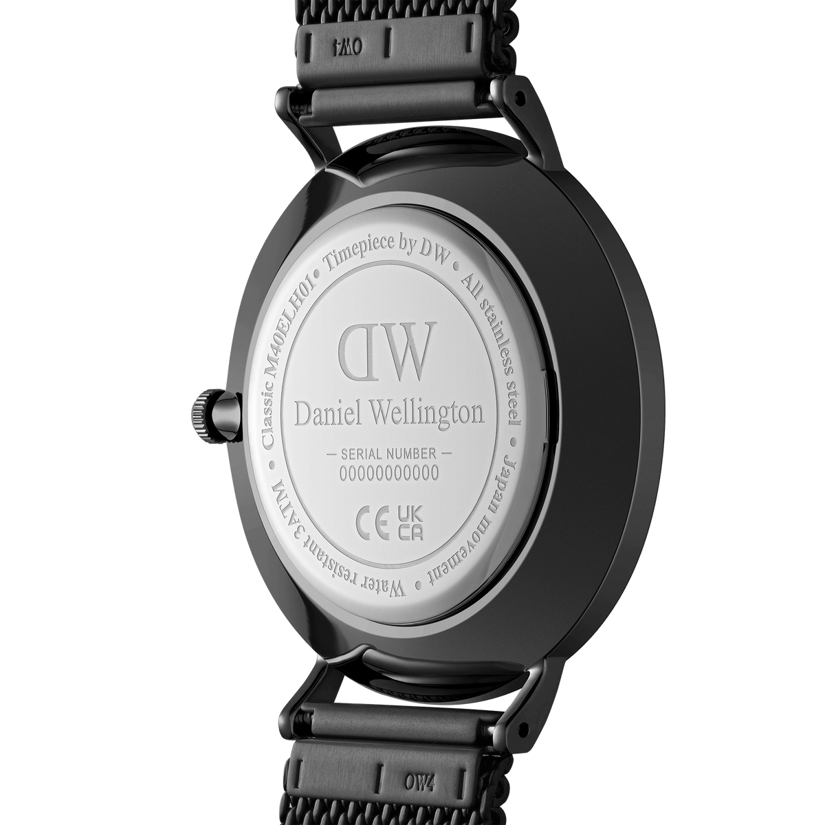 Back view of the Classic Multi-Eye Ashfield Onyx men's watch showing the stainless steel case, engraved branding, and black mesh strap with secure clasp.