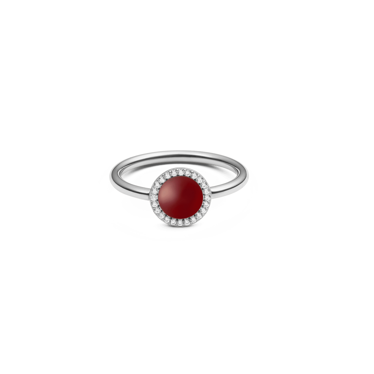 Slim silver ring featuring a domed red agate stone surrounded by a halo of white cubic zirconia crystals, showcasing a refined and elegant design.