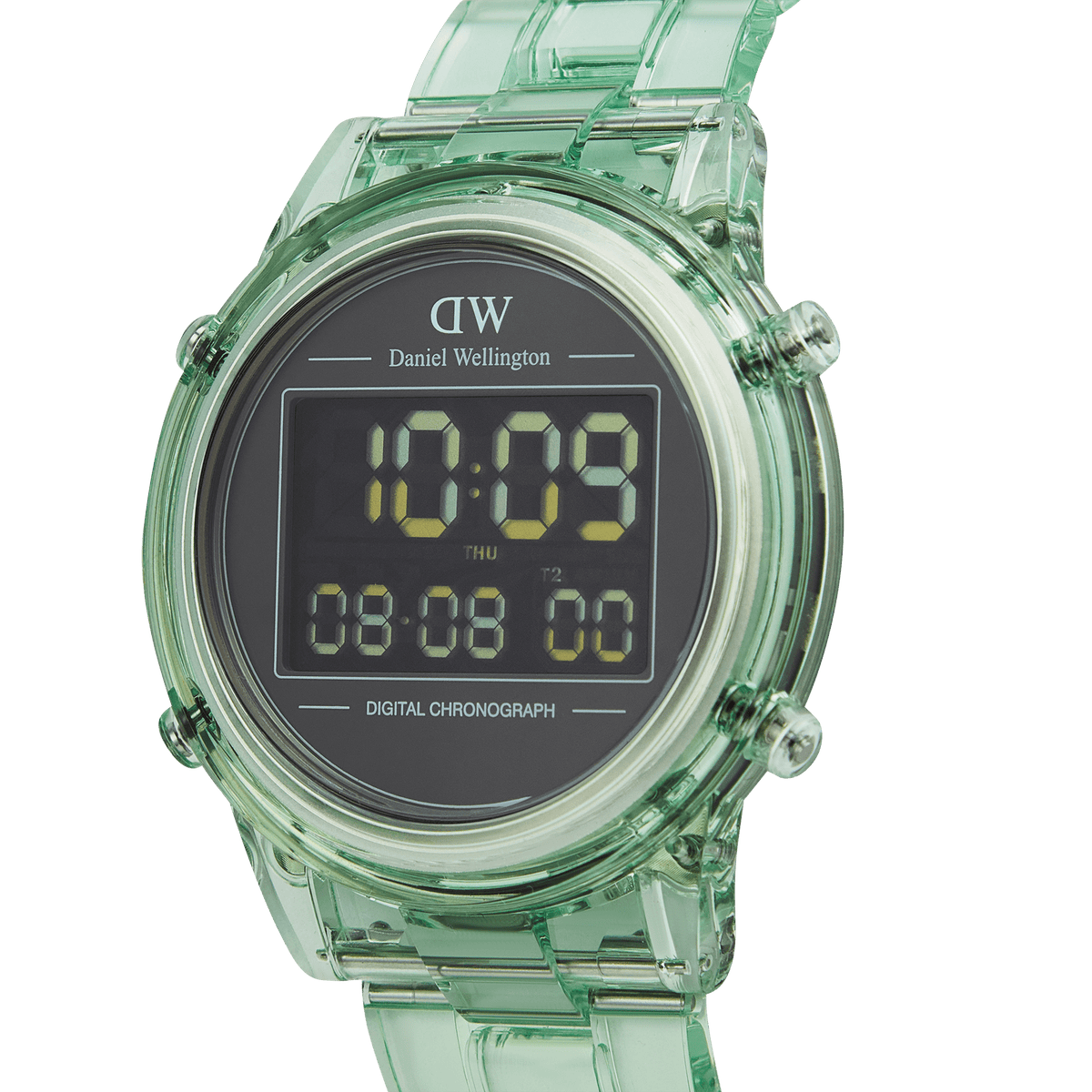 Close-up of the Daniel Wellington Retro Digital Light Green Light Green watch, highlighting its transparent light green bio-based plastic strap, round black digital dial, and bold yellow digital display in a retro-inspired design.