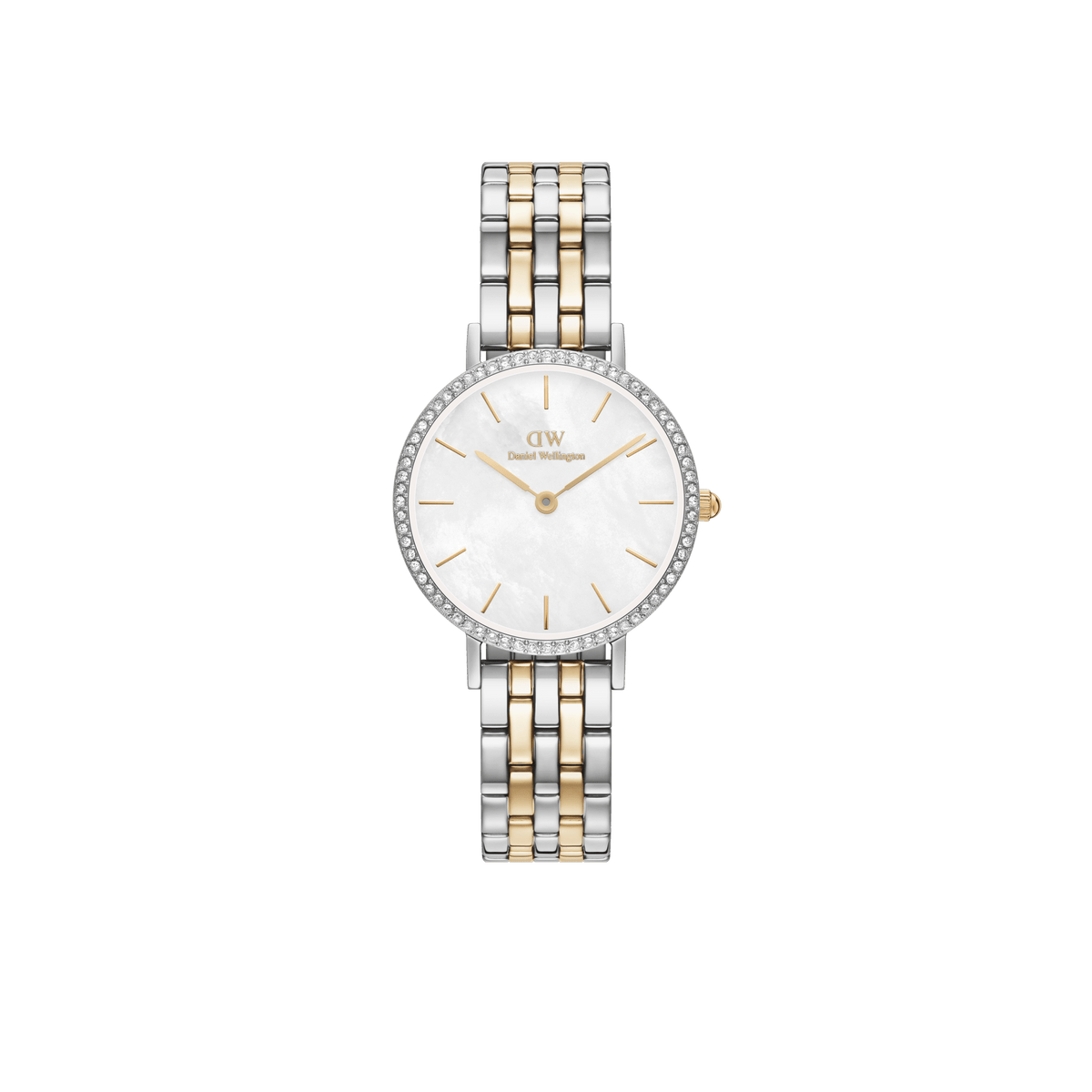 Elegant ladies watch with a two-tone gold and silver 5-link bracelet, white mother of pearl dial, and a bezel set with sparkling stones, designed for petite wrists and everyday wear.