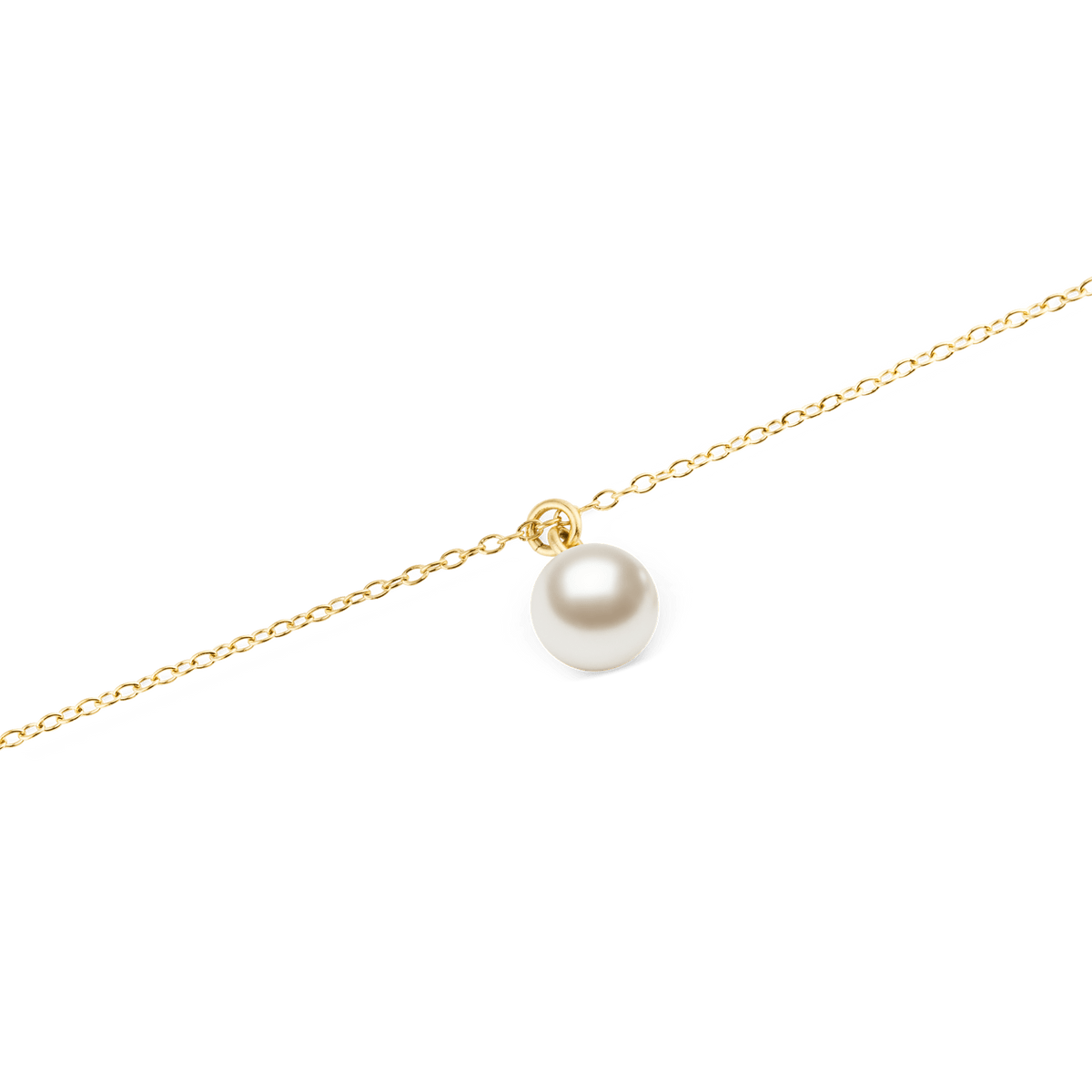 Close-up of the Pearl Necklace Gold showcasing a single Swarovski glass pearl pendant on a slim gold-toned chain, highlighting its minimalist and refined design.
