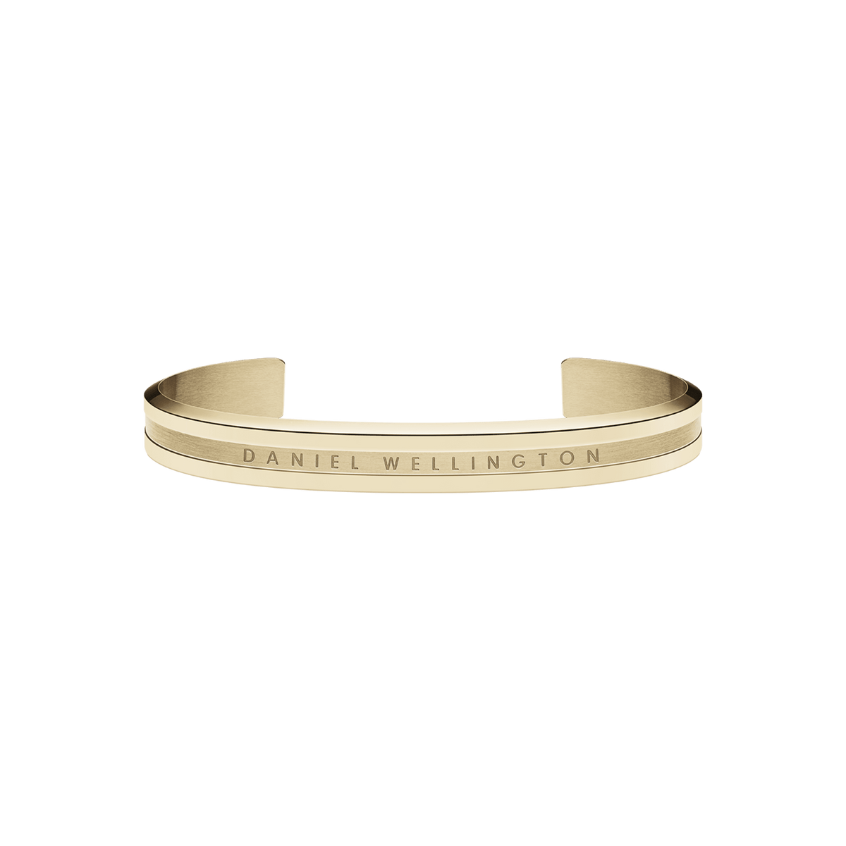 Slim gold cuff bracelet with a minimalist design, featuring engraved Daniel Wellington branding and a polished finish suitable for everyday wear or special occasions.