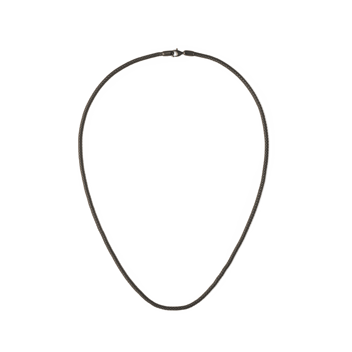 Graphite-tone mesh chain necklace with a bold width and polished finish, featuring a secure lobster clasp and a minimal, modern design suitable for everyday wear.