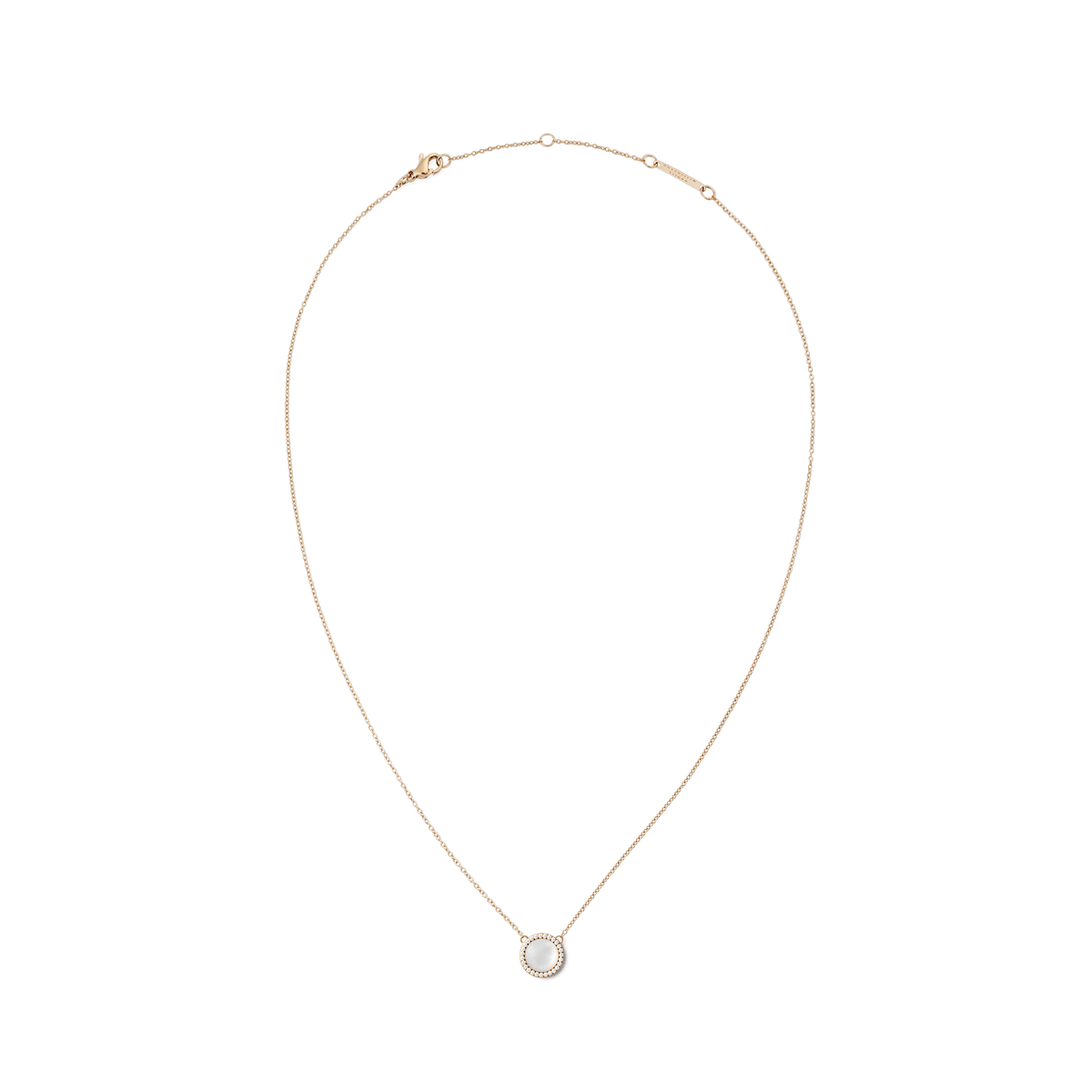 Rose gold Audrey Necklace featuring a domed mother of pearl pendant encircled by white cubic zirconia crystals, displayed on a delicate adjustable chain.