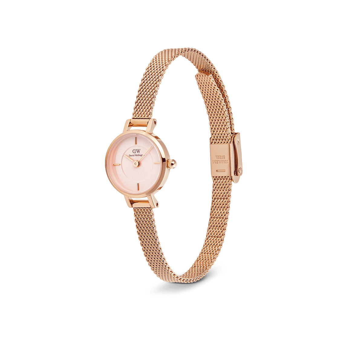 Petite Mini Blush Melrose watch with a blush pink sunray dial, petite 19mm rose gold case, and slim rose gold mesh strap, shown at an angle to highlight its elegant and lightweight design.
