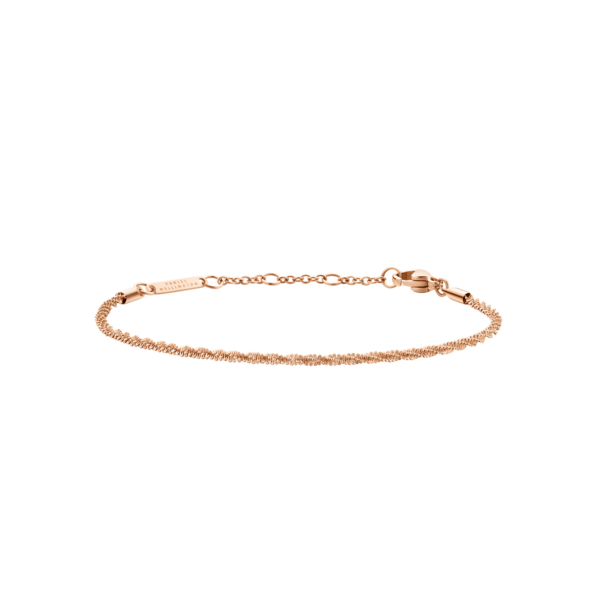 Slim rose gold Twisted Chain Bracelet RG with a delicate twisted chain design, adjustable clasp, and lightweight profile, crafted from stainless steel with rose gold PVD plating.