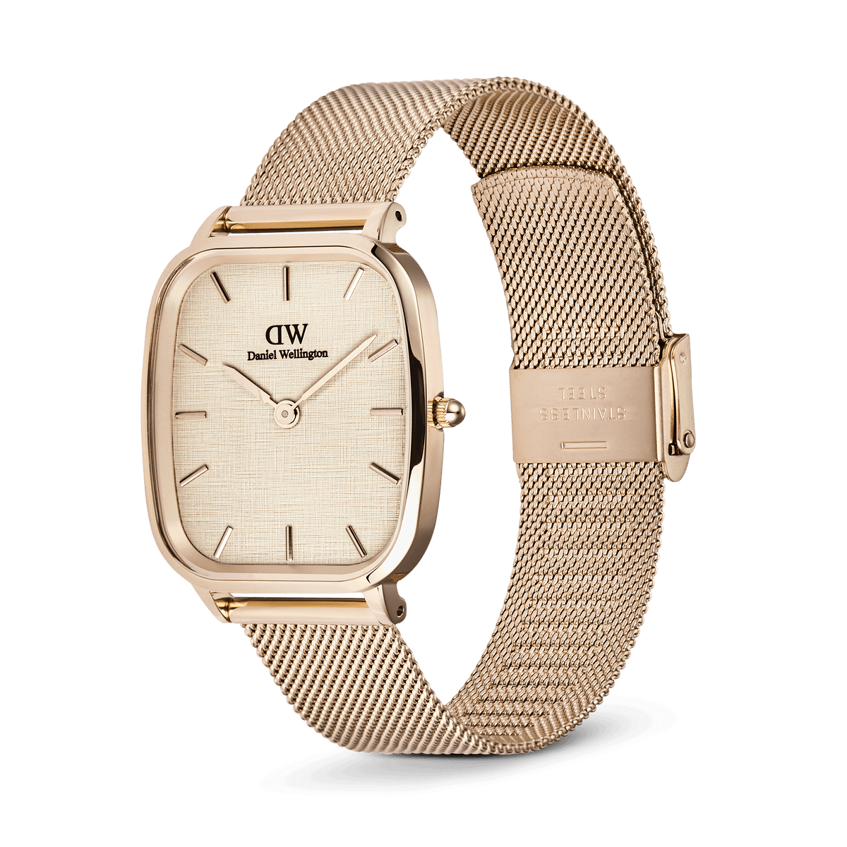 Marlon Melrose Linen men’s watch with a cushion-shaped rose gold case, linen-textured dial, minimalist hour markers, and an adjustable rose gold mesh strap.