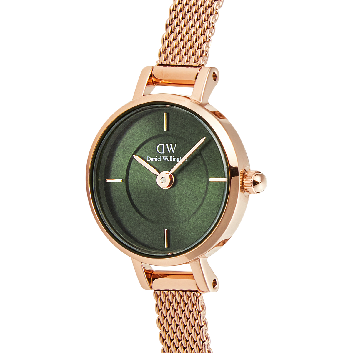Petite Mini Emerald Melrose watch featuring a 19mm rose gold case, emerald green sunray dial with minimalist markers, and a slim rose gold mesh strap.