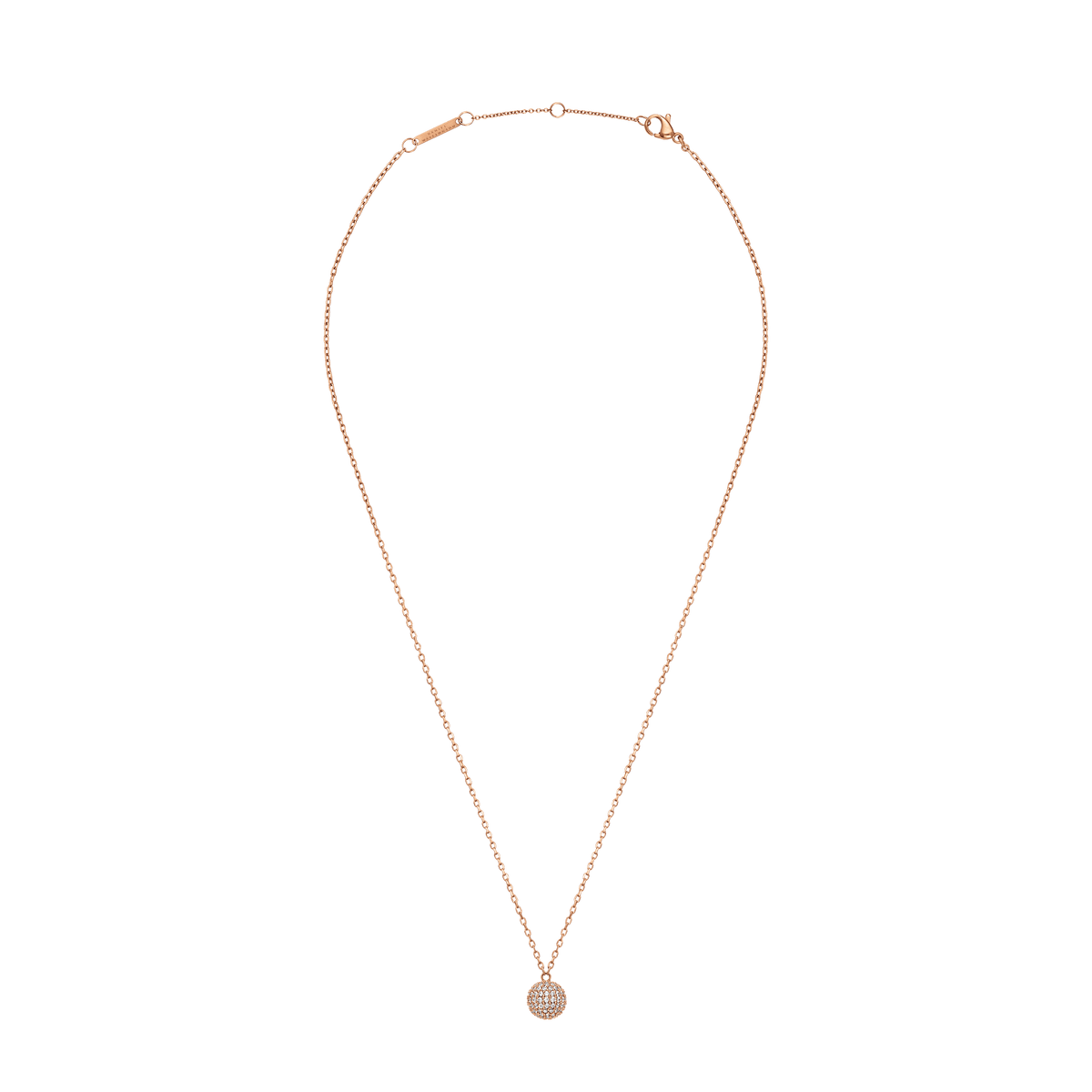Pavé Crystal Pendant Necklace Rose Gold featuring an adjustable fine rose gold chain and a sparkling pavé sphere pendant set with cubic zirconia crystals, designed for comfortable everyday wear.