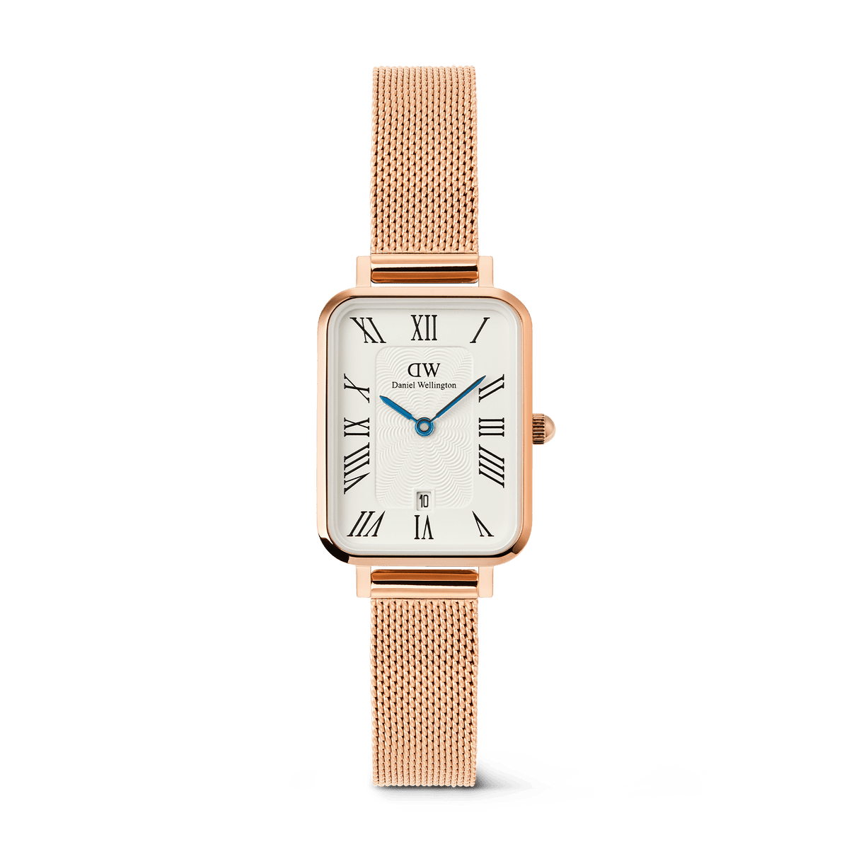 Rose gold ladies watch with a rectangular case, white dial featuring Roman numerals, blue hands, date display at 6 o’clock, and a mesh strap, ideal for everyday elegance and versatility.