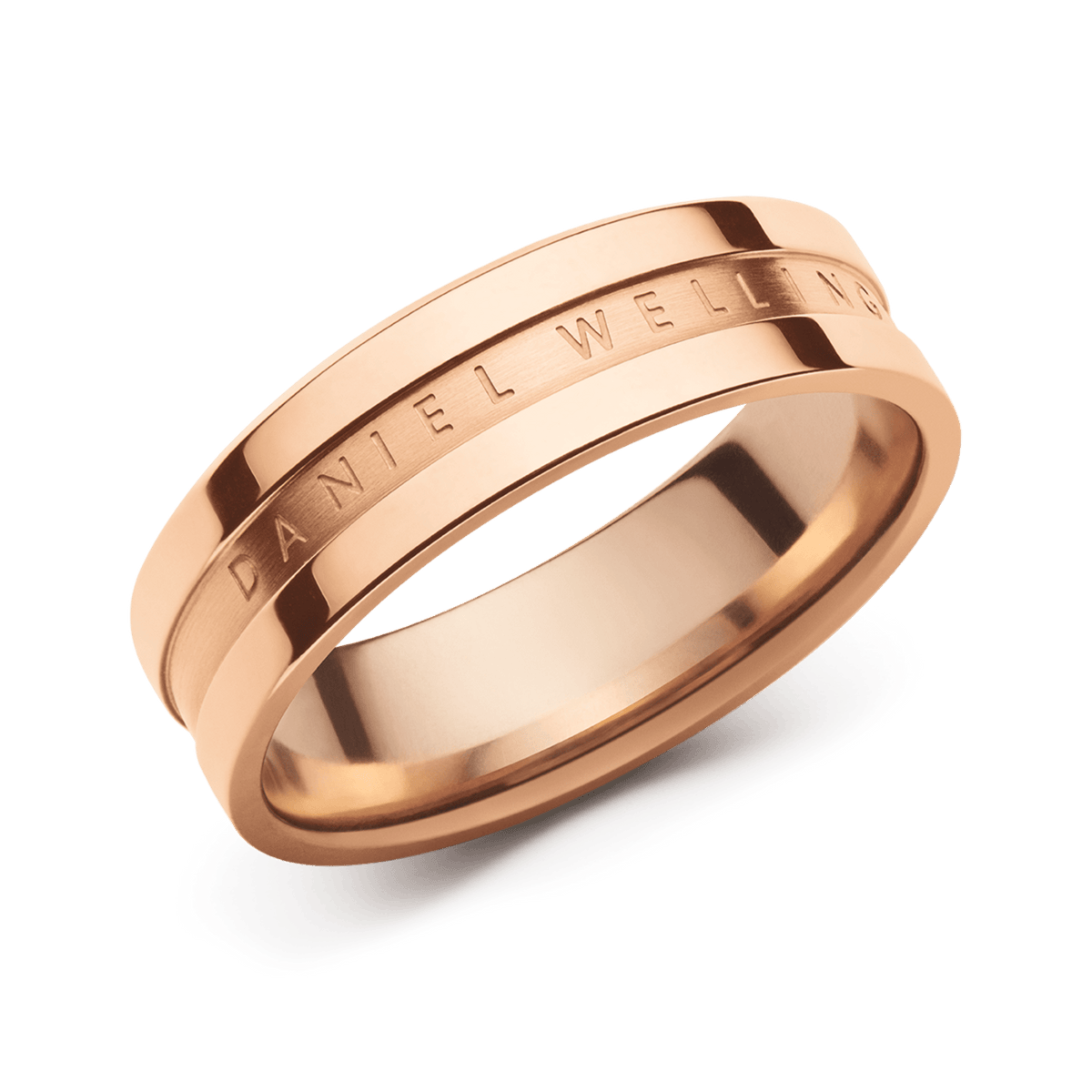 Rose gold ring with a slim, minimalist band and engraved Daniel Wellington branding, featuring a polished finish and modern profile.