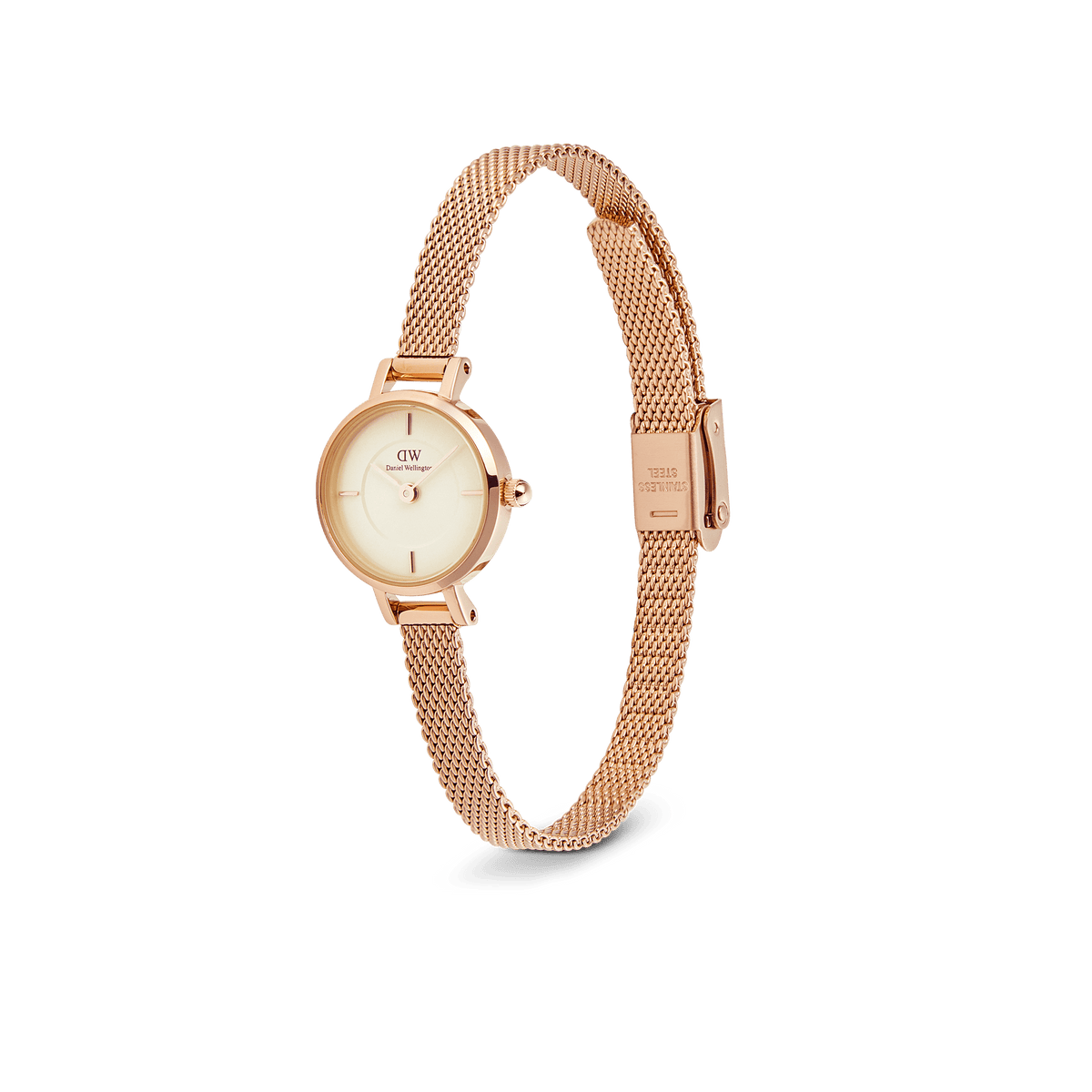 Petite Mini Champagne Melrose watch with a champagne dial and rose gold mesh strap, shown at an angle to highlight its slim profile and refined clasp detail.